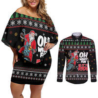 Santa And Motor Couples Matching Off Shoulder Short Dress and Long Sleeve Button Shirt Santa Claus And Joy On A Motorcycle DT04 - Wonder Print Shop