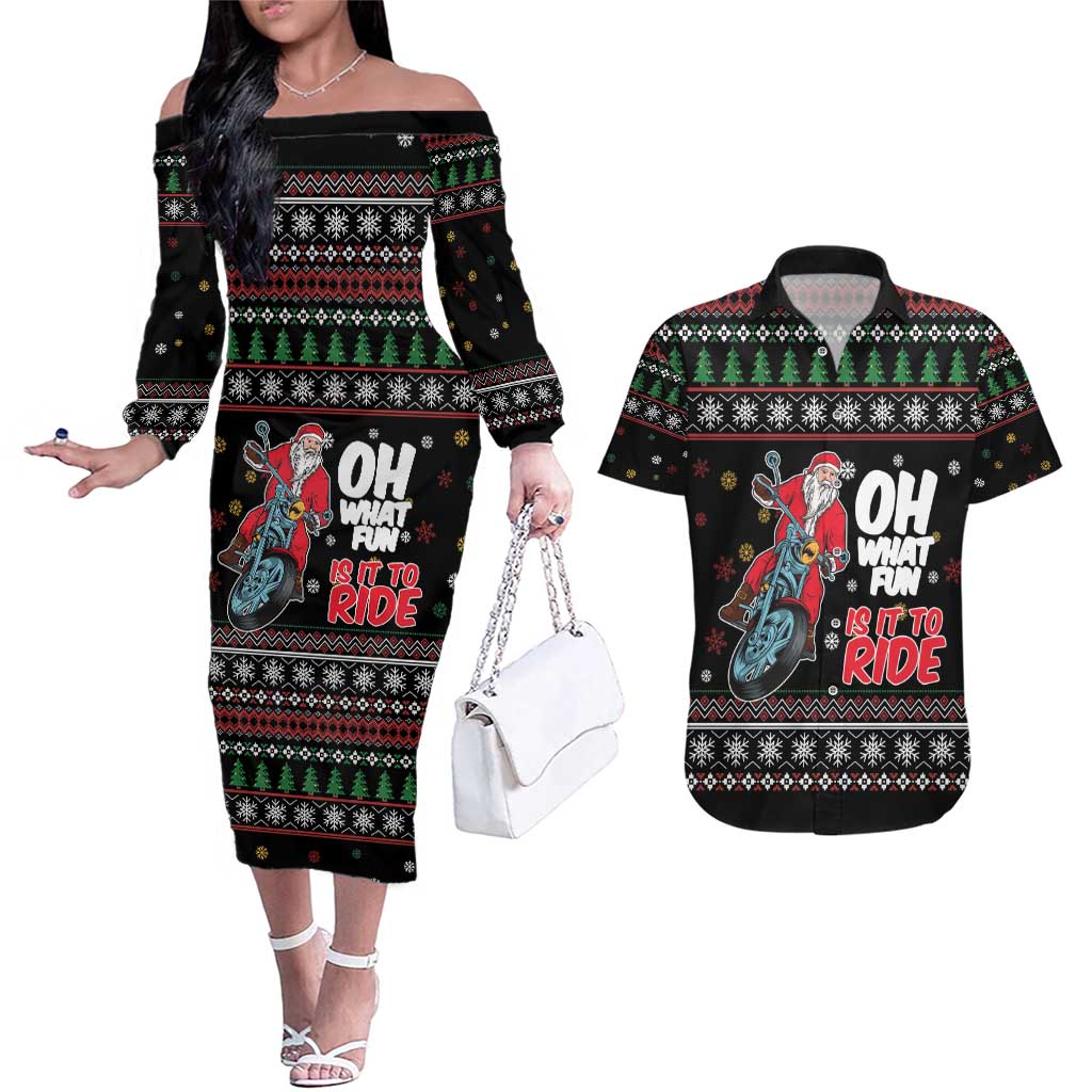 Santa And Motor Couples Matching Off The Shoulder Long Sleeve Dress and Hawaiian Shirt Santa Claus And Joy On A Motorcycle DT04 - Wonder Print Shop