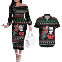 Santa And Motor Couples Matching Off The Shoulder Long Sleeve Dress and Hawaiian Shirt Santa Claus And Joy On A Motorcycle DT04 - Wonder Print Shop