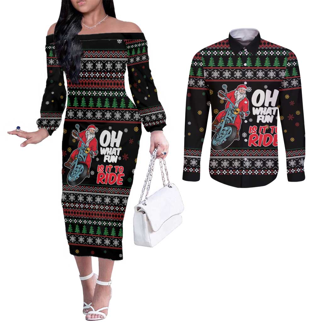 Santa And Motor Couples Matching Off The Shoulder Long Sleeve Dress and Long Sleeve Button Shirt Santa Claus And Joy On A Motorcycle
