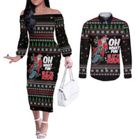 Santa And Motor Couples Matching Off The Shoulder Long Sleeve Dress and Long Sleeve Button Shirt Santa Claus And Joy On A Motorcycle