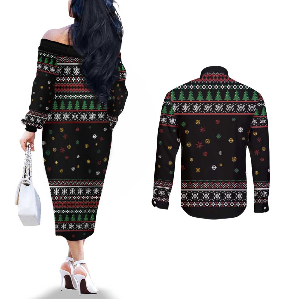 Santa And Motor Couples Matching Off The Shoulder Long Sleeve Dress and Long Sleeve Button Shirt Santa Claus And Joy On A Motorcycle