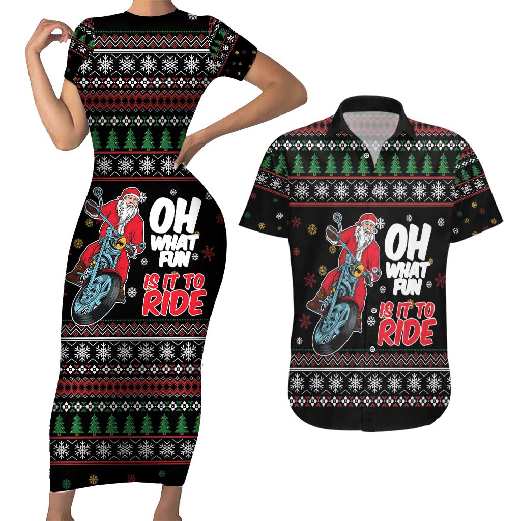 Santa And Motor Couples Matching Short Sleeve Bodycon Dress and Hawaiian Shirt Santa Claus And Joy On A Motorcycle DT04 - Wonder Print Shop