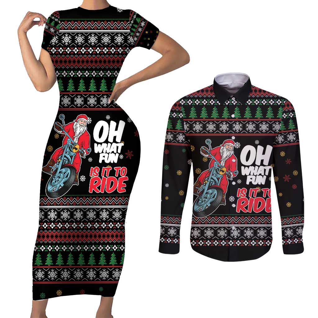 Santa And Motor Couples Matching Short Sleeve Bodycon Dress and Long Sleeve Button Shirt Santa Claus And Joy On A Motorcycle DT04 - Wonder Print Shop