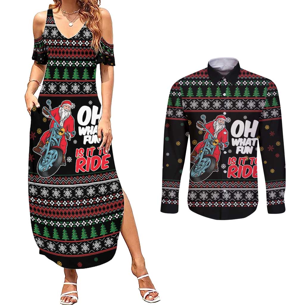 Santa And Motor Couples Matching Summer Maxi Dress and Long Sleeve Button Shirt Santa Claus And Joy On A Motorcycle DT04 - Wonder Print Shop