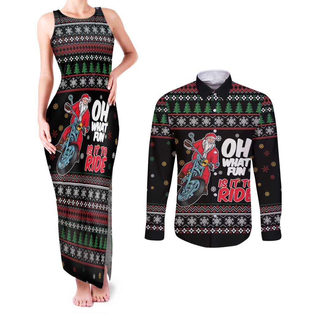 Santa And Motor Couples Matching Tank Maxi Dress and Long Sleeve Button Shirt Santa Claus And Joy On A Motorcycle DT04 - Wonder Print Shop