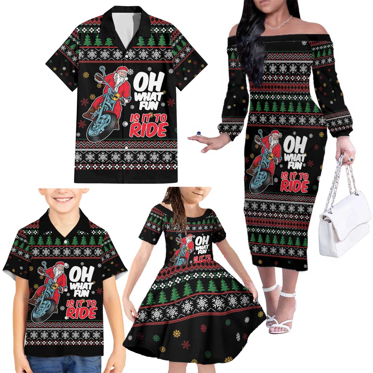Santa And Motor Family Matching Off The Shoulder Long Sleeve Dress and Hawaiian Shirt Santa Claus And Joy On A Motorcycle DT04 - Wonder Print Shop