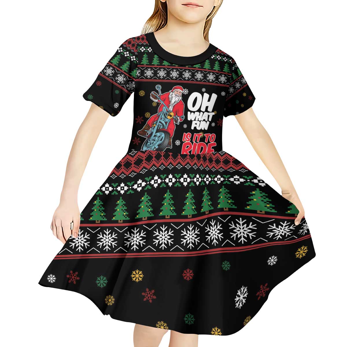 Santa And Motor Kid Short Sleeve Dress Santa Claus And Joy On A Motorcycle DT04 - Wonder Print Shop