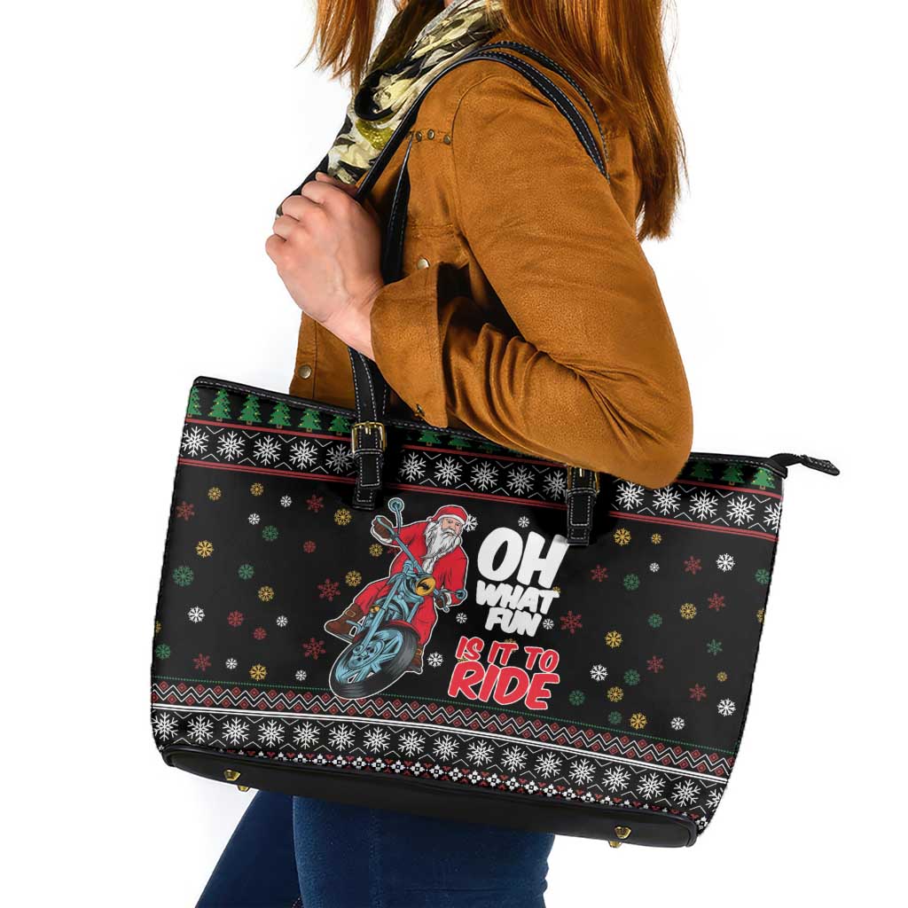 Santa And Motor Leather Tote Bag Santa Claus And Joy On A Motorcycle DT04 - Wonder Print Shop