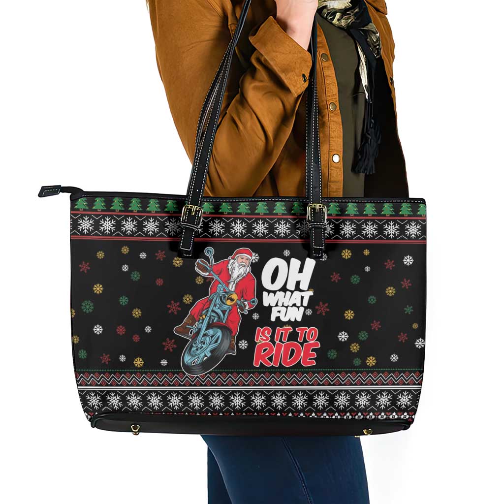 Santa And Motor Leather Tote Bag Santa Claus And Joy On A Motorcycle DT04 - Wonder Print Shop
