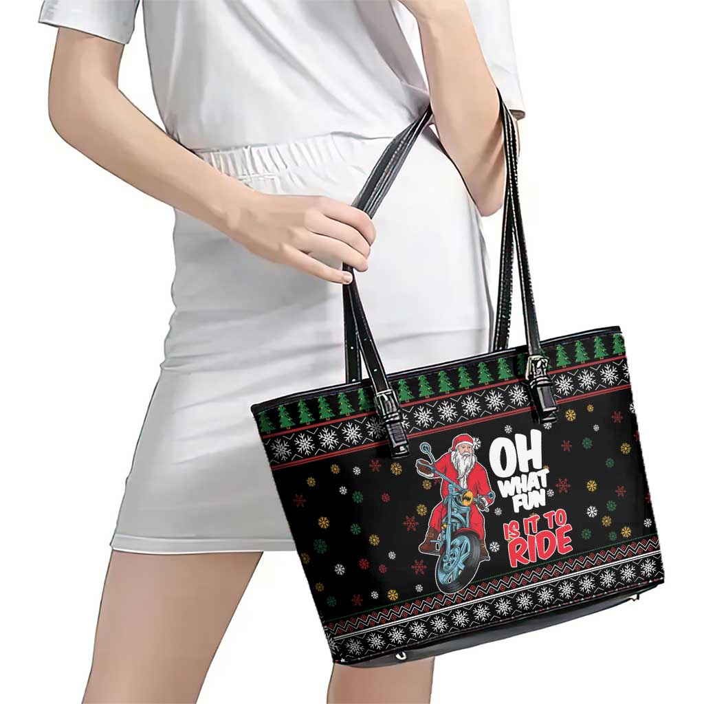 Santa And Motor Leather Tote Bag Santa Claus And Joy On A Motorcycle DT04 - Wonder Print Shop