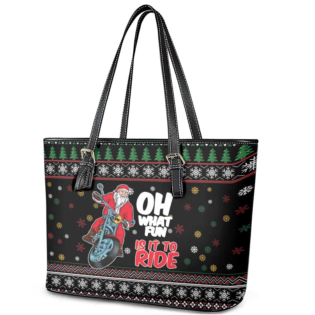 Santa And Motor Leather Tote Bag Santa Claus And Joy On A Motorcycle DT04 - Wonder Print Shop