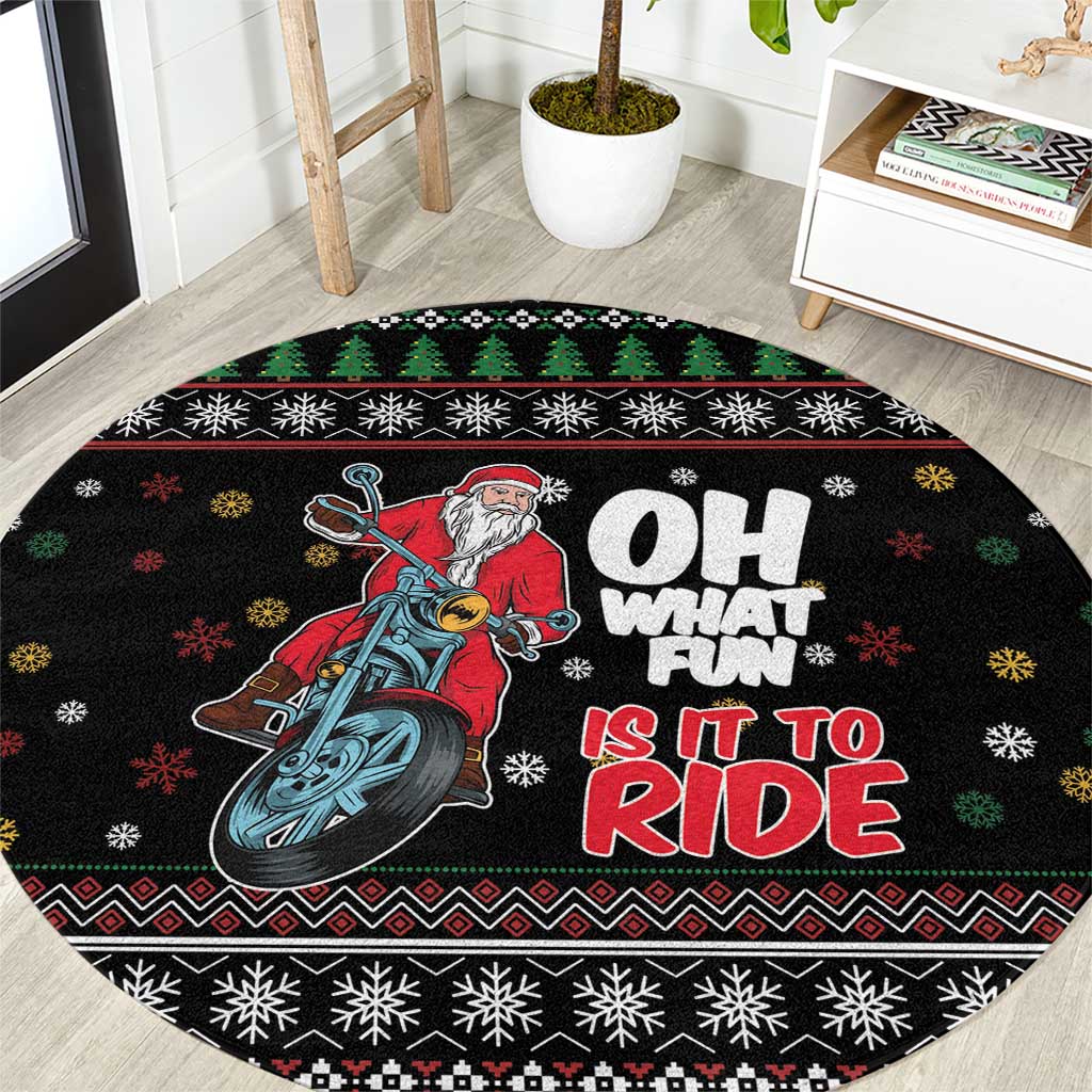 Santa And Motor Round Carpet Santa Claus And Joy On A Motorcycle