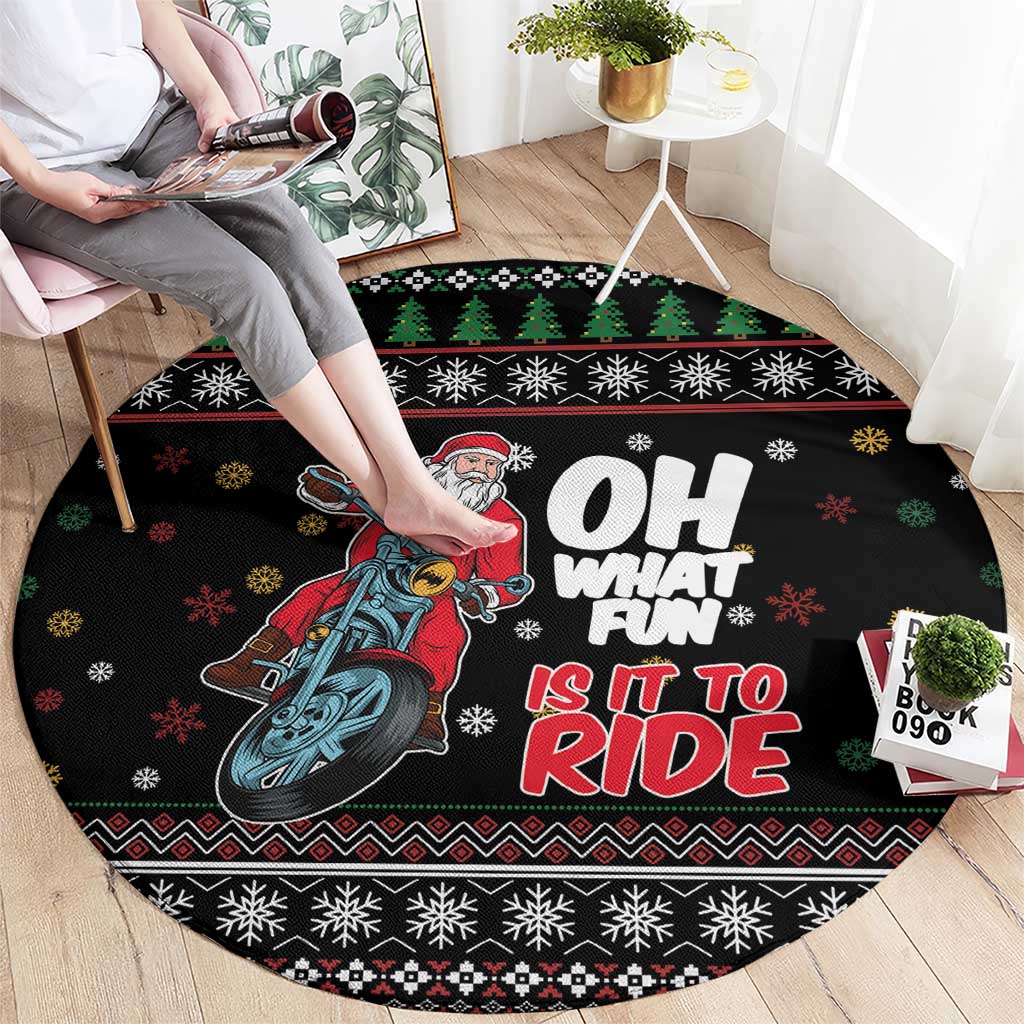 Santa And Motor Round Carpet Santa Claus And Joy On A Motorcycle