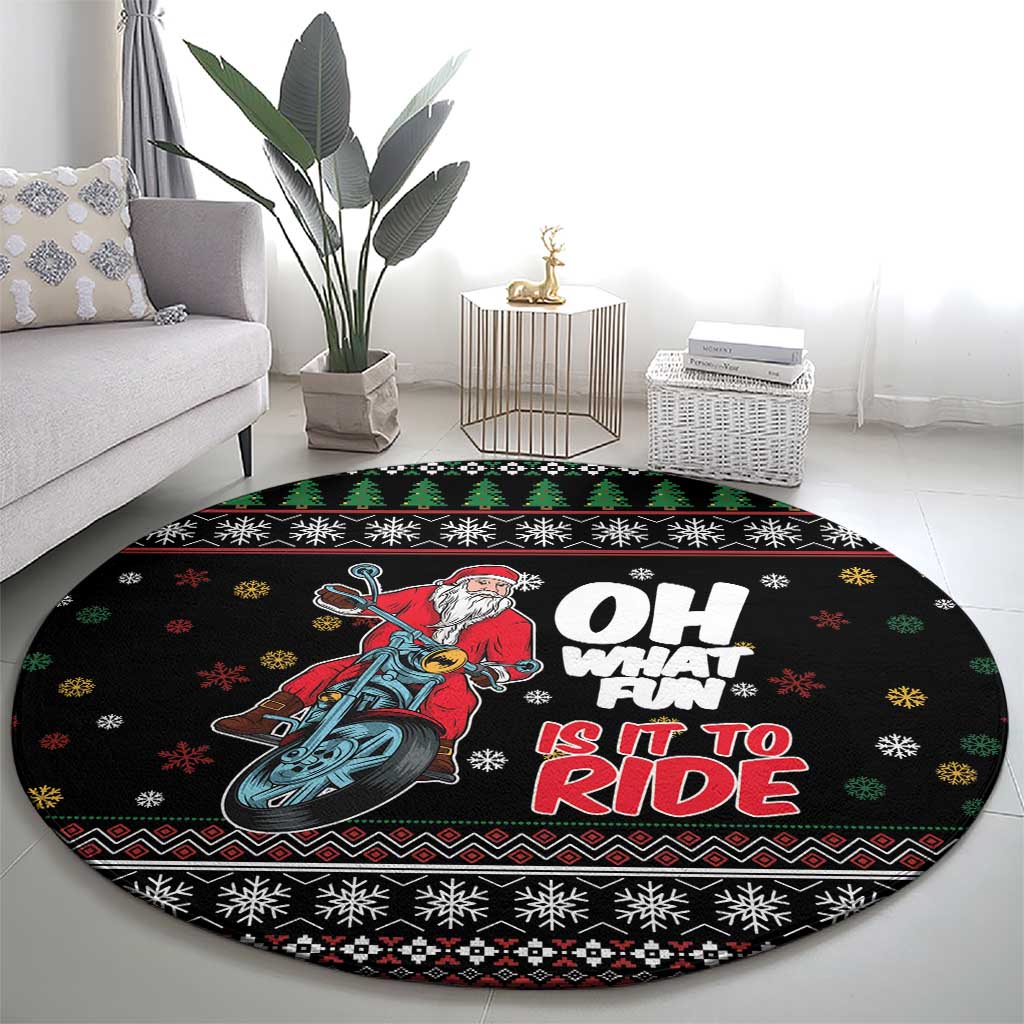 Santa And Motor Round Carpet Santa Claus And Joy On A Motorcycle