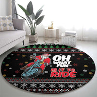 Santa And Motor Round Carpet Santa Claus And Joy On A Motorcycle
