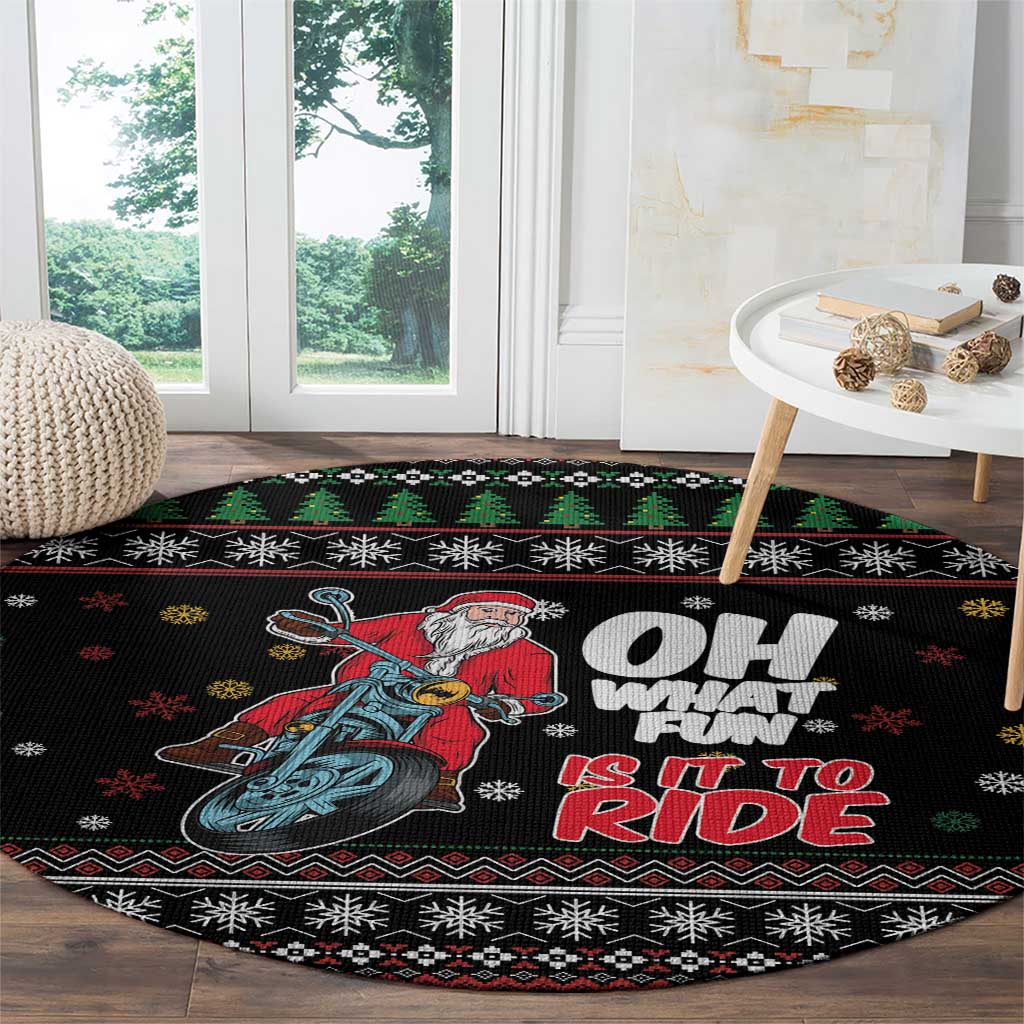 Santa And Motor Round Carpet Santa Claus And Joy On A Motorcycle