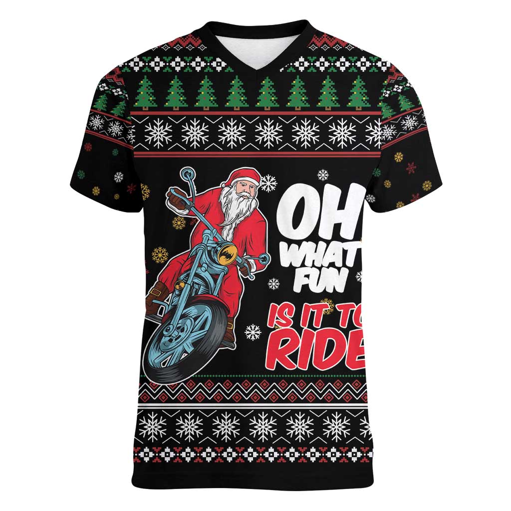 Santa And Motor Women V-Neck T-Shirt Santa Claus And Joy On A Motorcycle DT04 - Wonder Print Shop