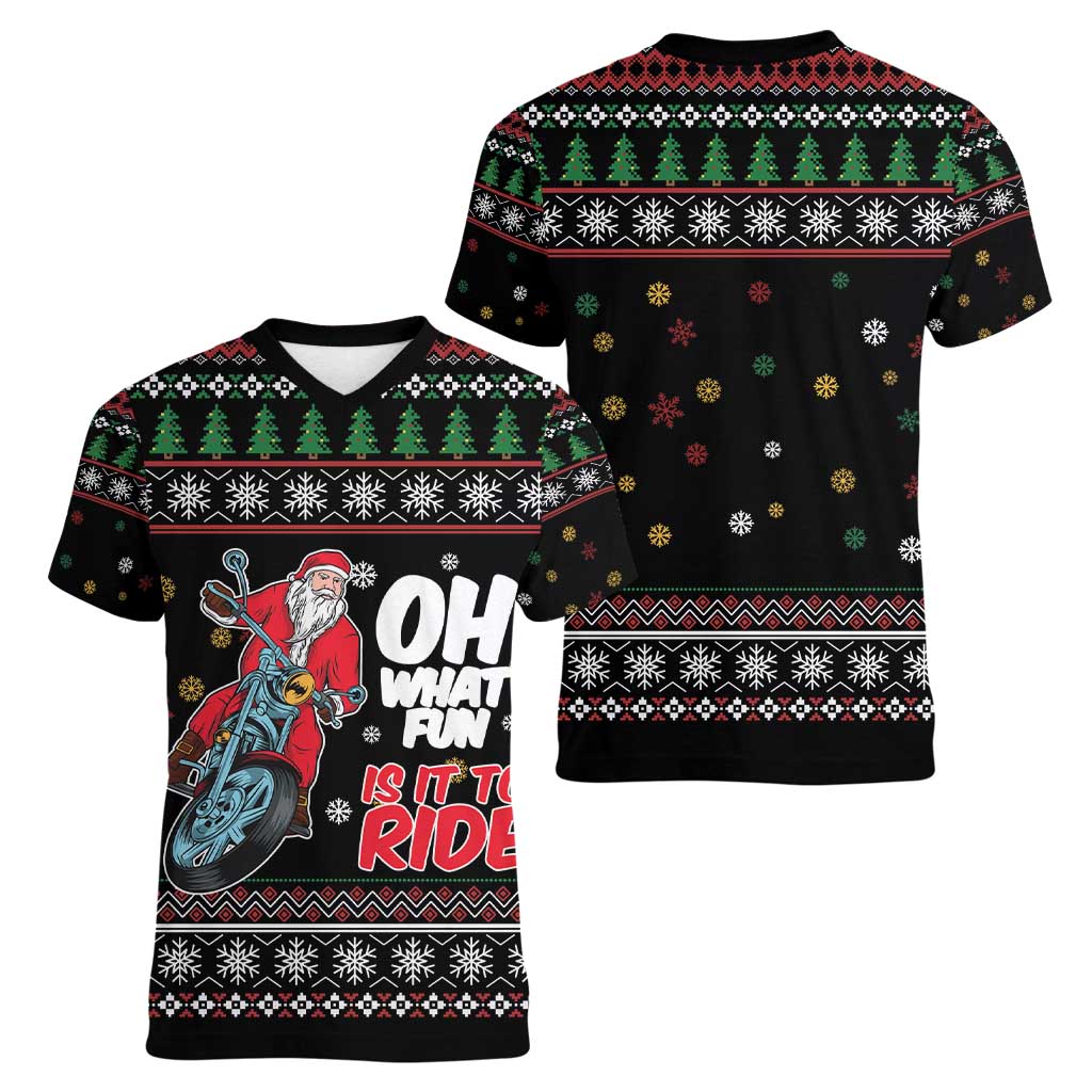 Santa And Motor Women V-Neck T-Shirt Santa Claus And Joy On A Motorcycle DT04 - Wonder Print Shop