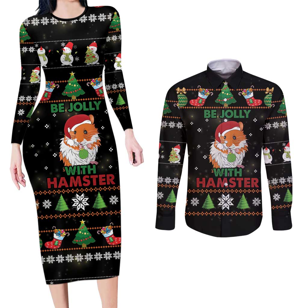 Merry Christmas Hamster Be Jolly Couples Matching Long Sleeve Bodycon Dress and Long Sleeve Button Shirt DT04 - Wonder Print Shop