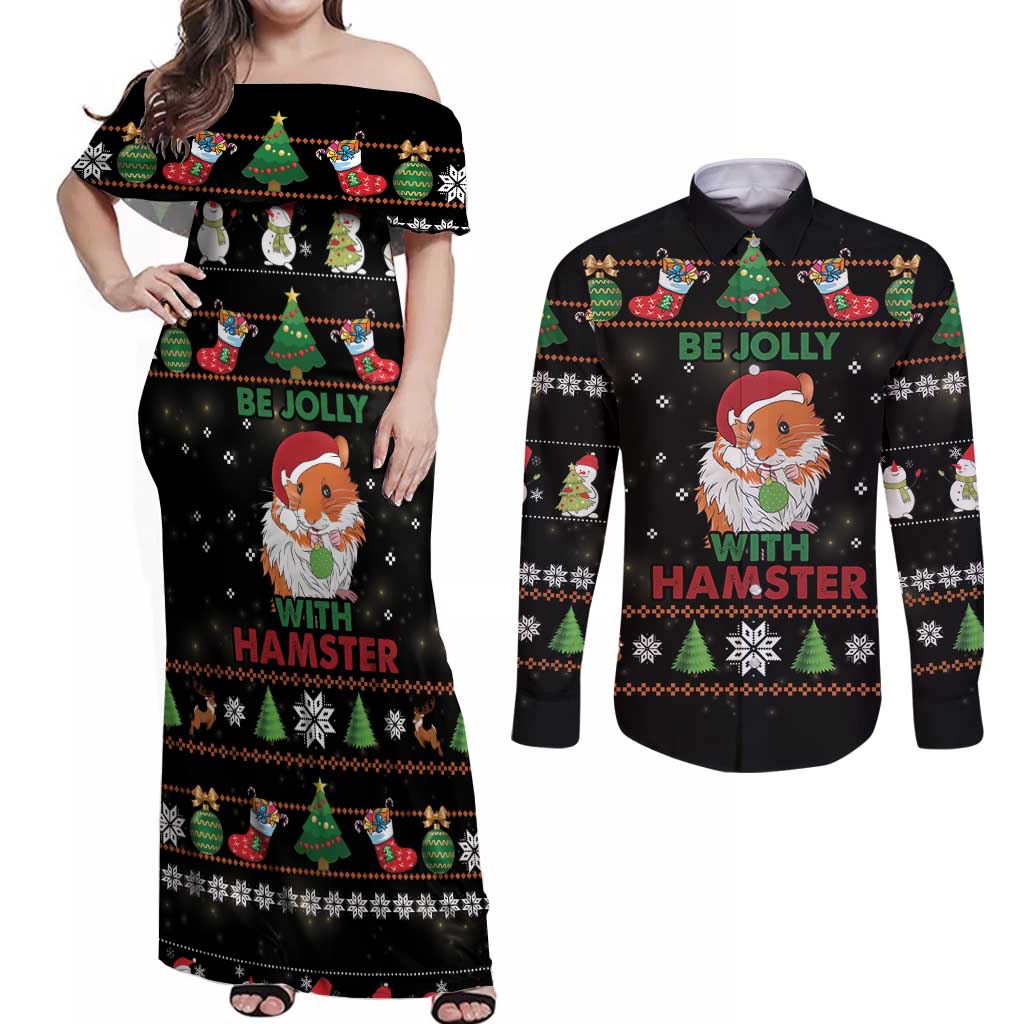 Merry Christmas Hamster Be Jolly Couples Matching Off Shoulder Maxi Dress and Long Sleeve Button Shirt DT04 - Wonder Print Shop
