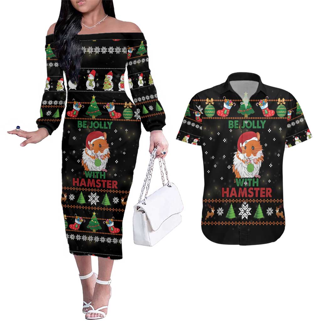 Merry Christmas Hamster Be Jolly Couples Matching Off The Shoulder Long Sleeve Dress and Hawaiian Shirt DT04 - Wonder Print Shop