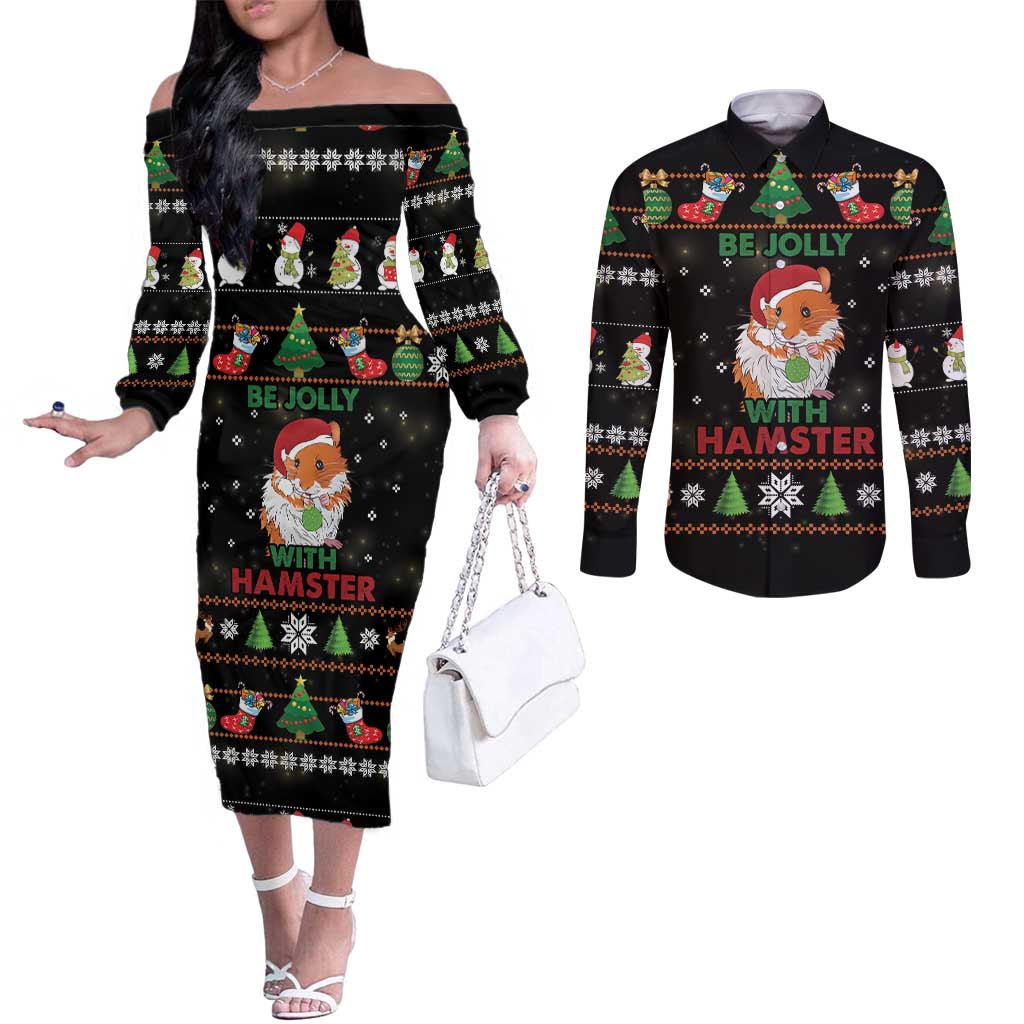 Merry Christmas Hamster Be Jolly Couples Matching Off The Shoulder Long Sleeve Dress and Long Sleeve Button Shirt