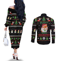 Merry Christmas Hamster Be Jolly Couples Matching Off The Shoulder Long Sleeve Dress and Long Sleeve Button Shirt