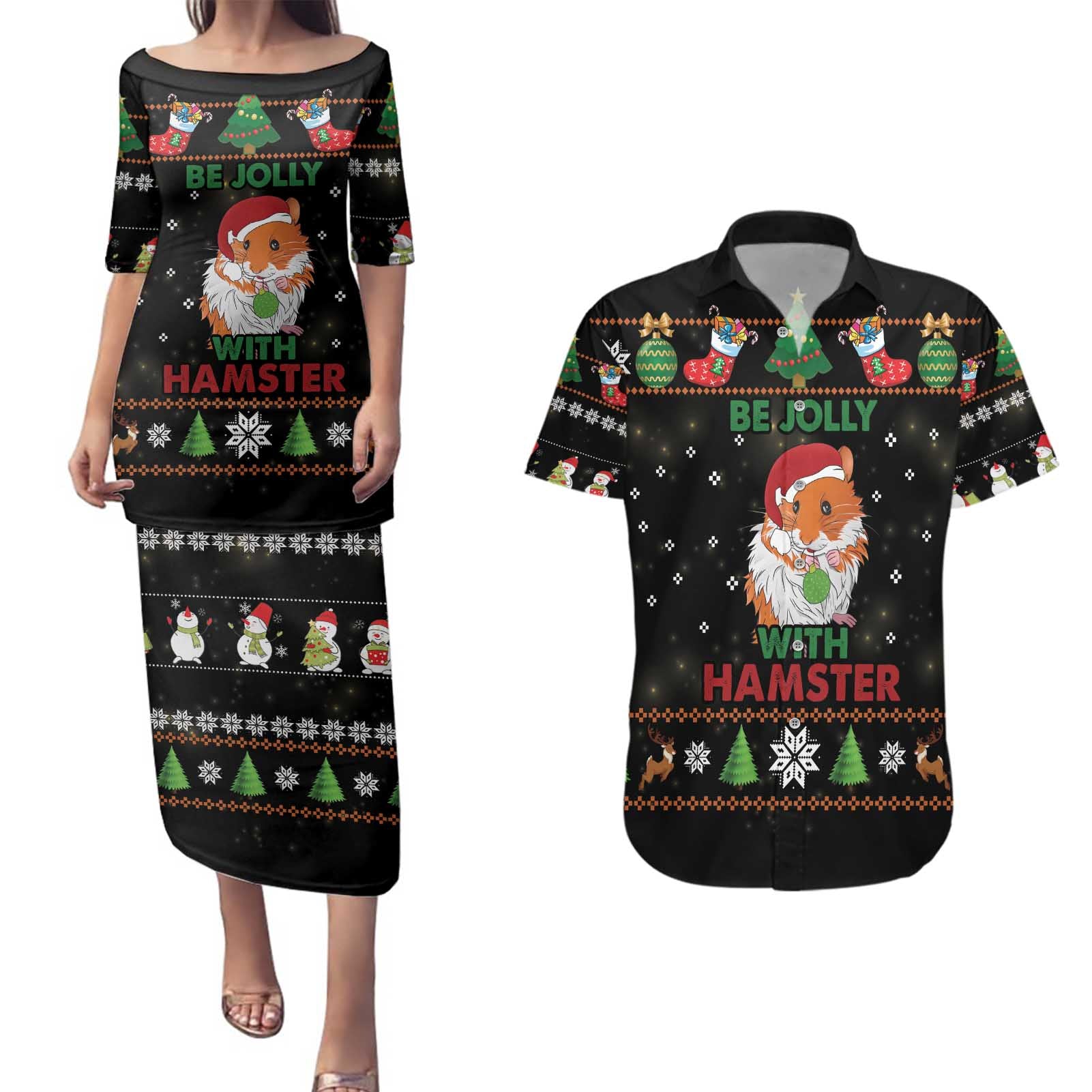 Merry Christmas Hamster Be Jolly Couples Matching Puletasi and Hawaiian Shirt DT04 - Wonder Print Shop