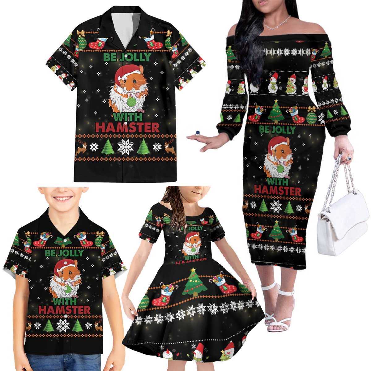 Merry Christmas Hamster Be Jolly Family Matching Off The Shoulder Long Sleeve Dress and Hawaiian Shirt DT04 - Wonder Print Shop