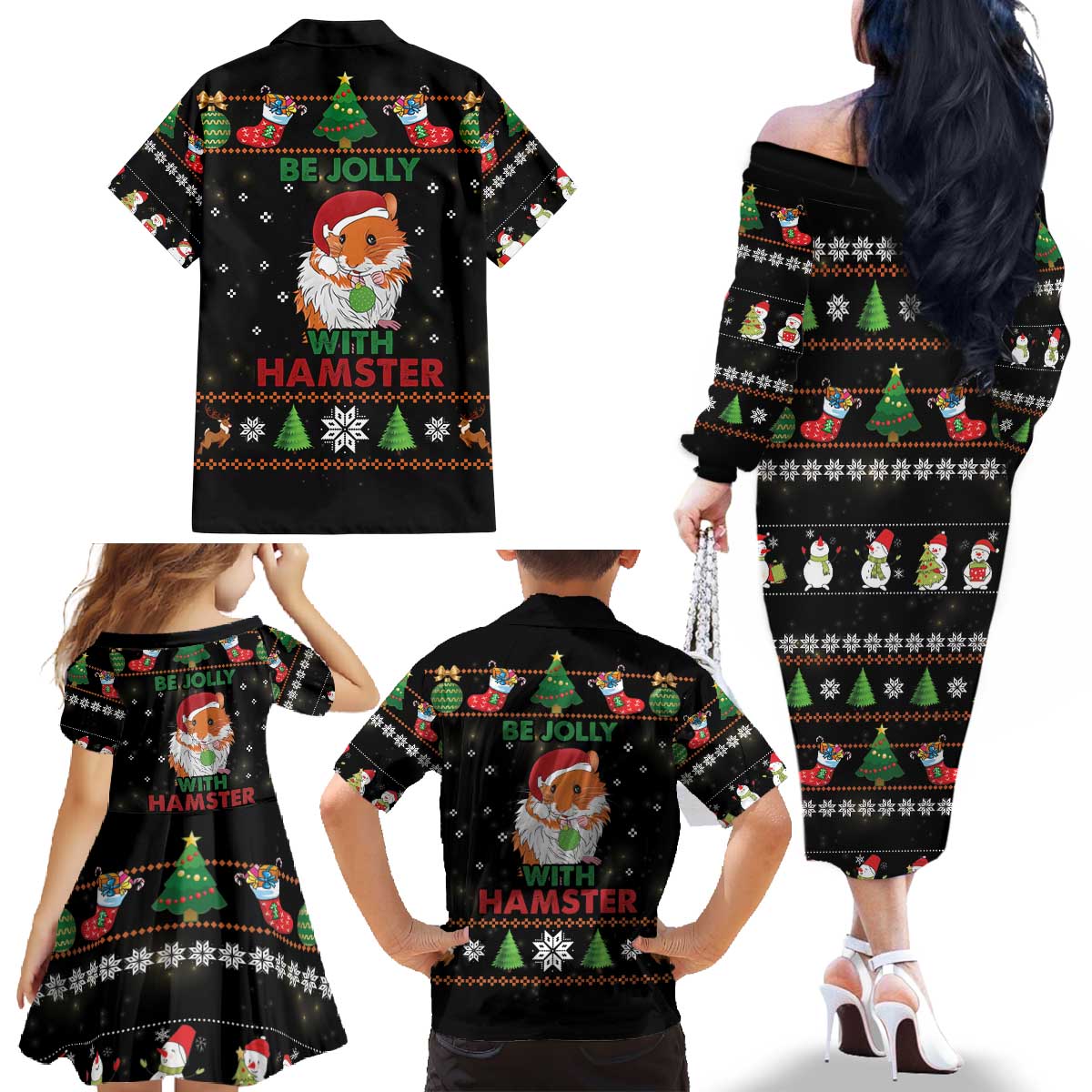 Merry Christmas Hamster Be Jolly Family Matching Off The Shoulder Long Sleeve Dress and Hawaiian Shirt DT04 - Wonder Print Shop