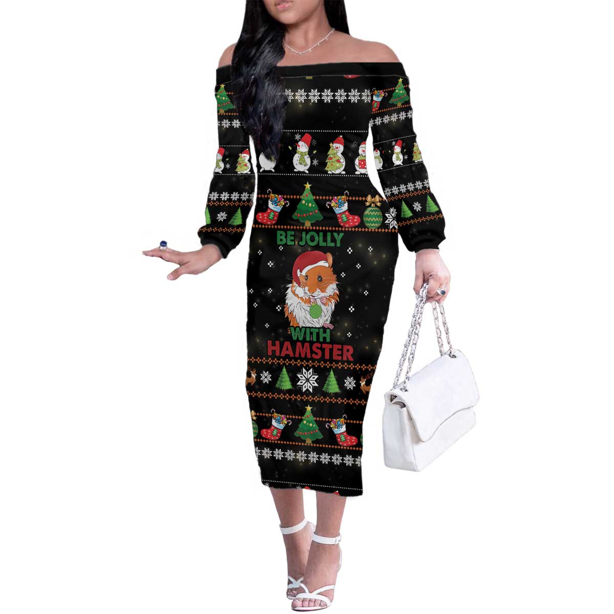 Merry Christmas Hamster Be Jolly Family Matching Off The Shoulder Long Sleeve Dress and Hawaiian Shirt DT04 - Wonder Print Shop