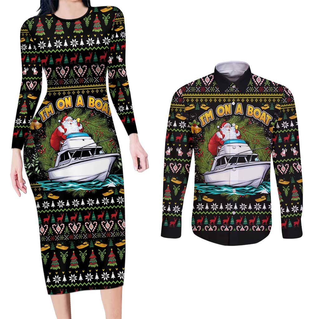 Santa On A Boat Couples Matching Long Sleeve Bodycon Dress and Long Sleeve Button Shirt Christmas Gifts DT04 - Wonder Print Shop