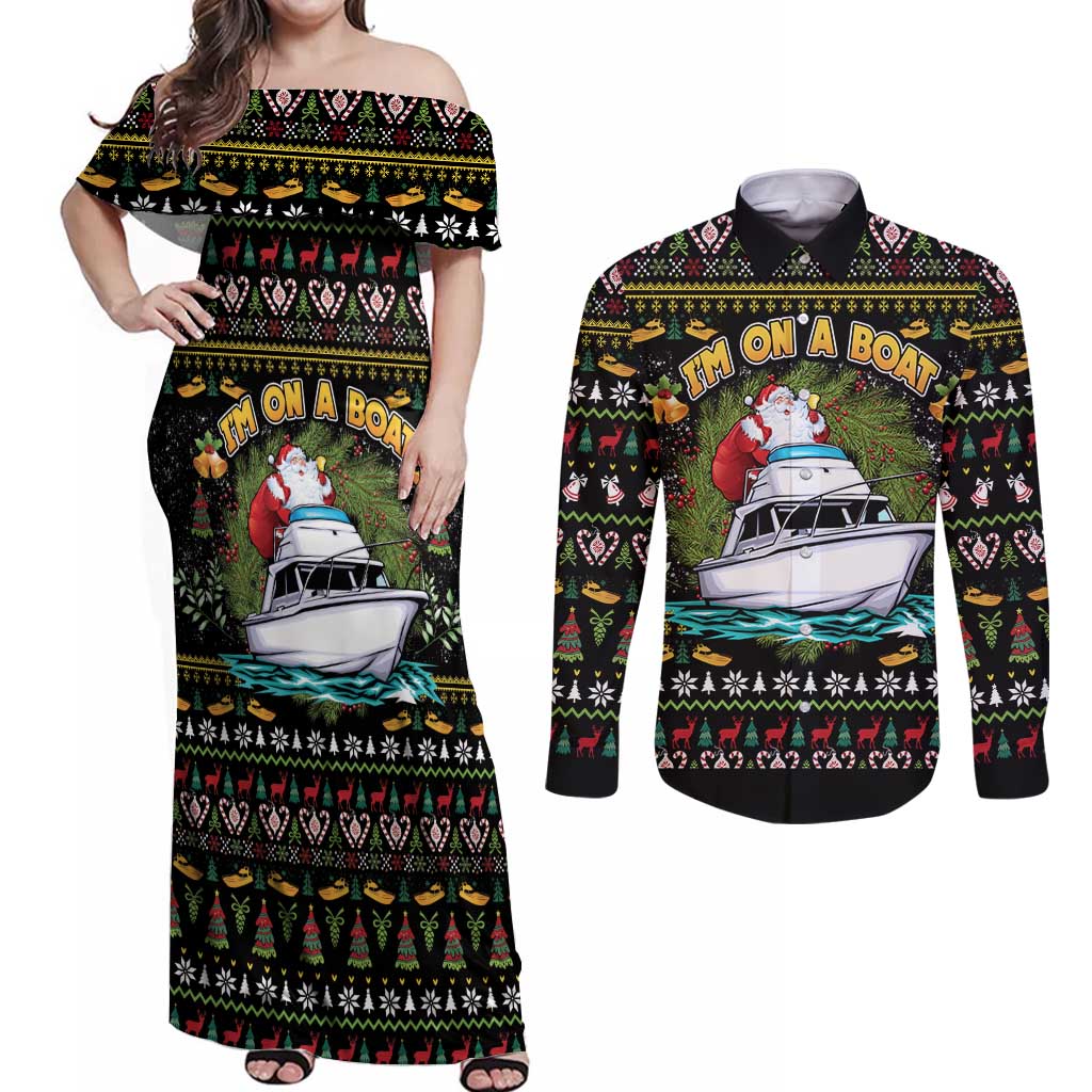 Santa On A Boat Couples Matching Off Shoulder Maxi Dress and Long Sleeve Button Shirt Christmas Gifts DT04 - Wonder Print Shop