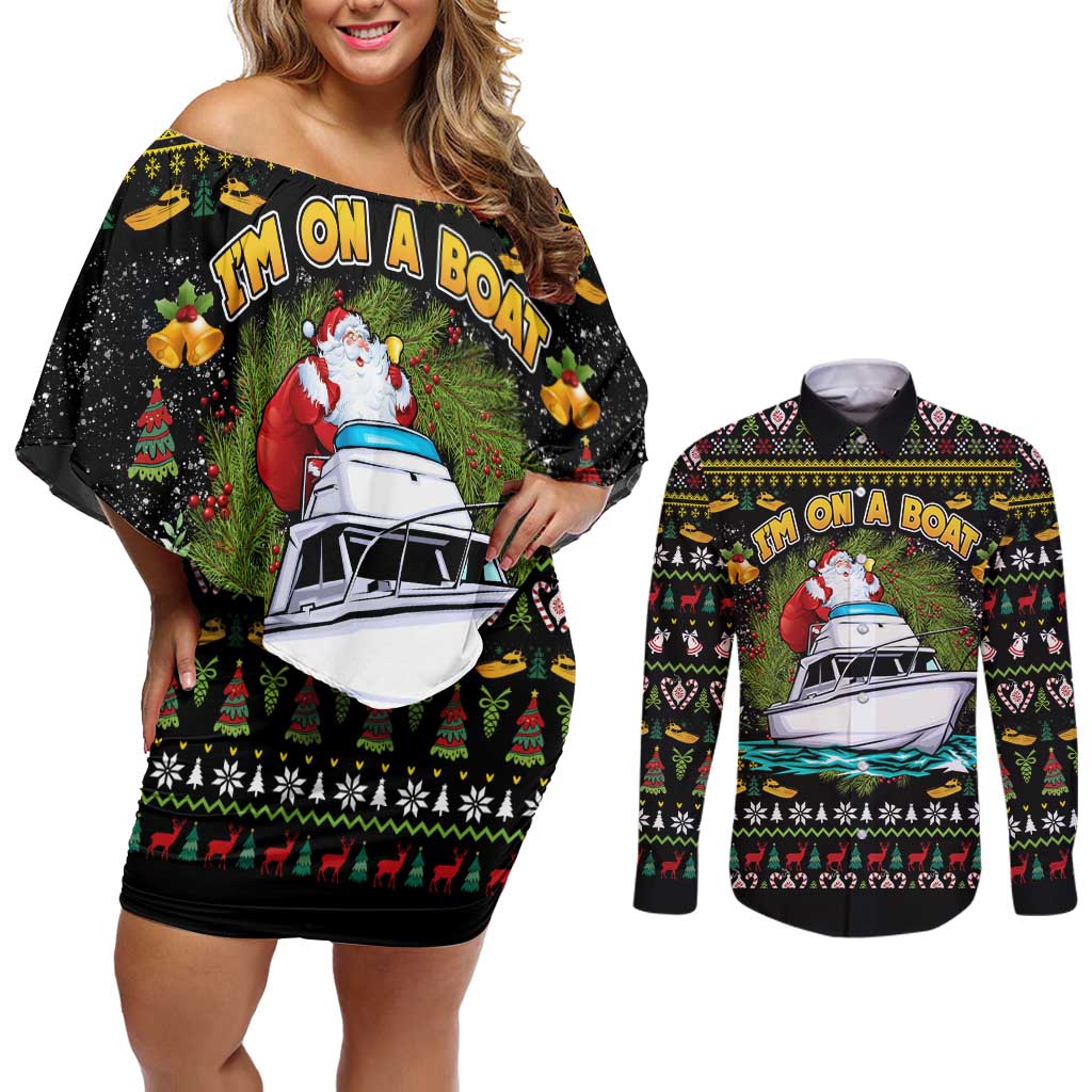 Santa On A Boat Couples Matching Off Shoulder Short Dress and Long Sleeve Button Shirt Christmas Gifts DT04 - Wonder Print Shop