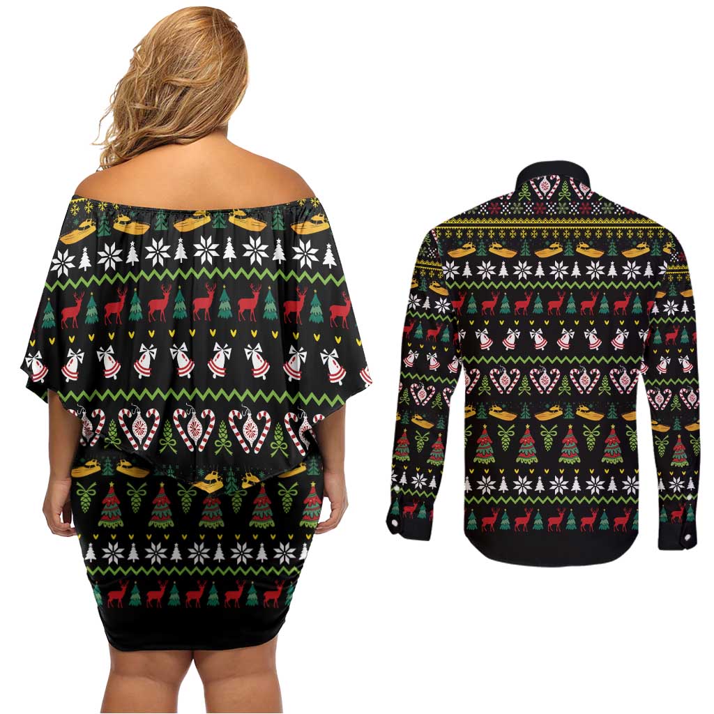 Santa On A Boat Couples Matching Off Shoulder Short Dress and Long Sleeve Button Shirt Christmas Gifts DT04 - Wonder Print Shop