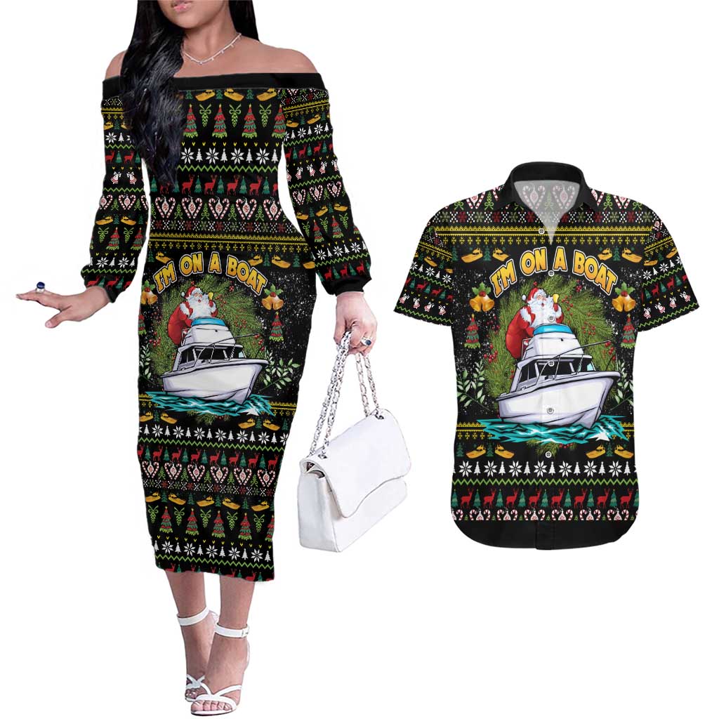 Santa On A Boat Couples Matching Off The Shoulder Long Sleeve Dress and Hawaiian Shirt Christmas Gifts DT04 - Wonder Print Shop