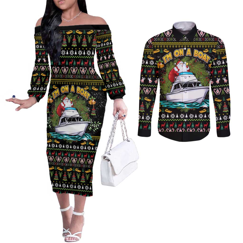 Santa On A Boat Couples Matching Off The Shoulder Long Sleeve Dress and Long Sleeve Button Shirt Christmas Gifts