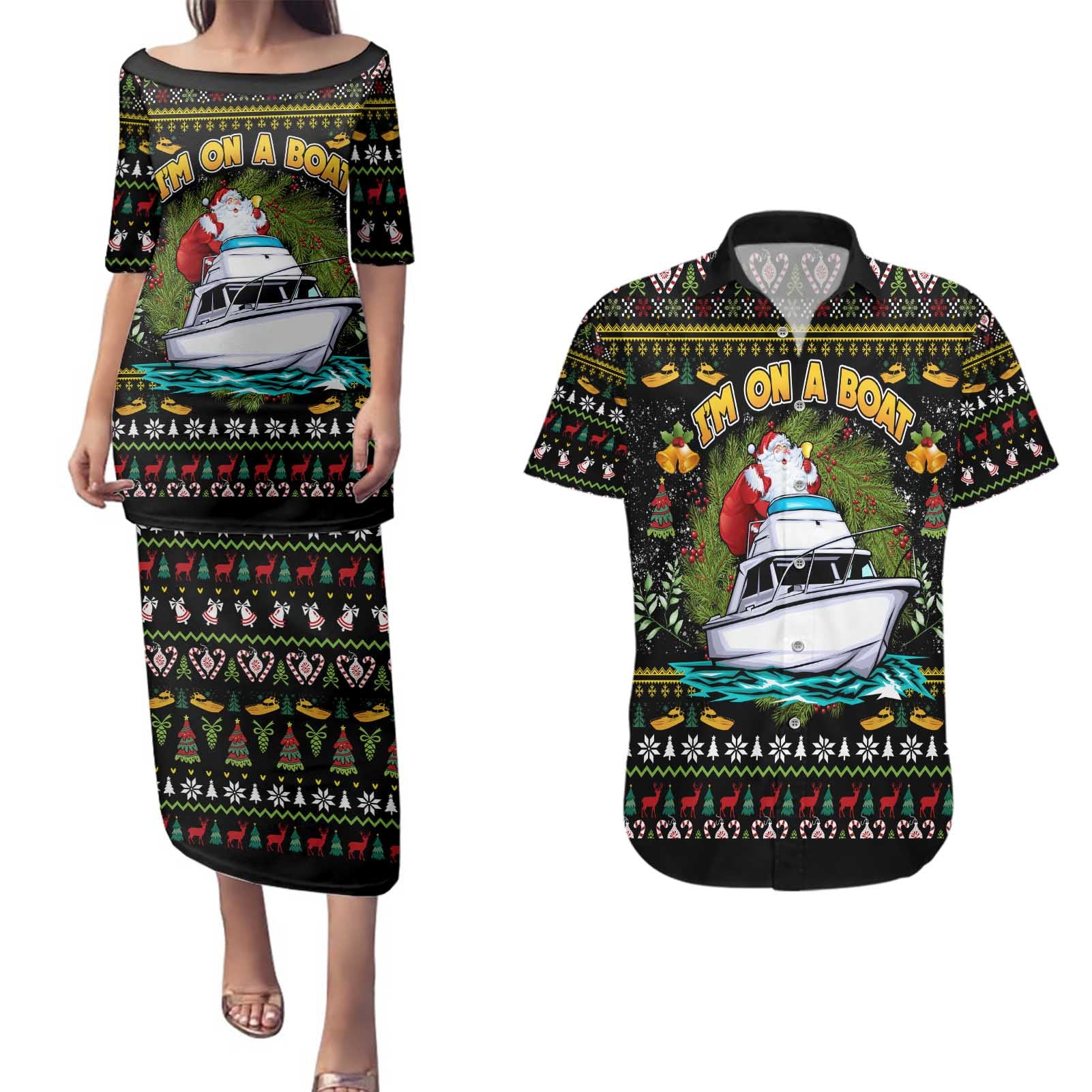 Santa On A Boat Couples Matching Puletasi and Hawaiian Shirt Christmas Gifts DT04 - Wonder Print Shop