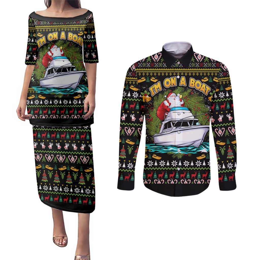 Santa On A Boat Couples Matching Puletasi and Long Sleeve Button Shirt Christmas Gifts DT04 - Wonder Print Shop