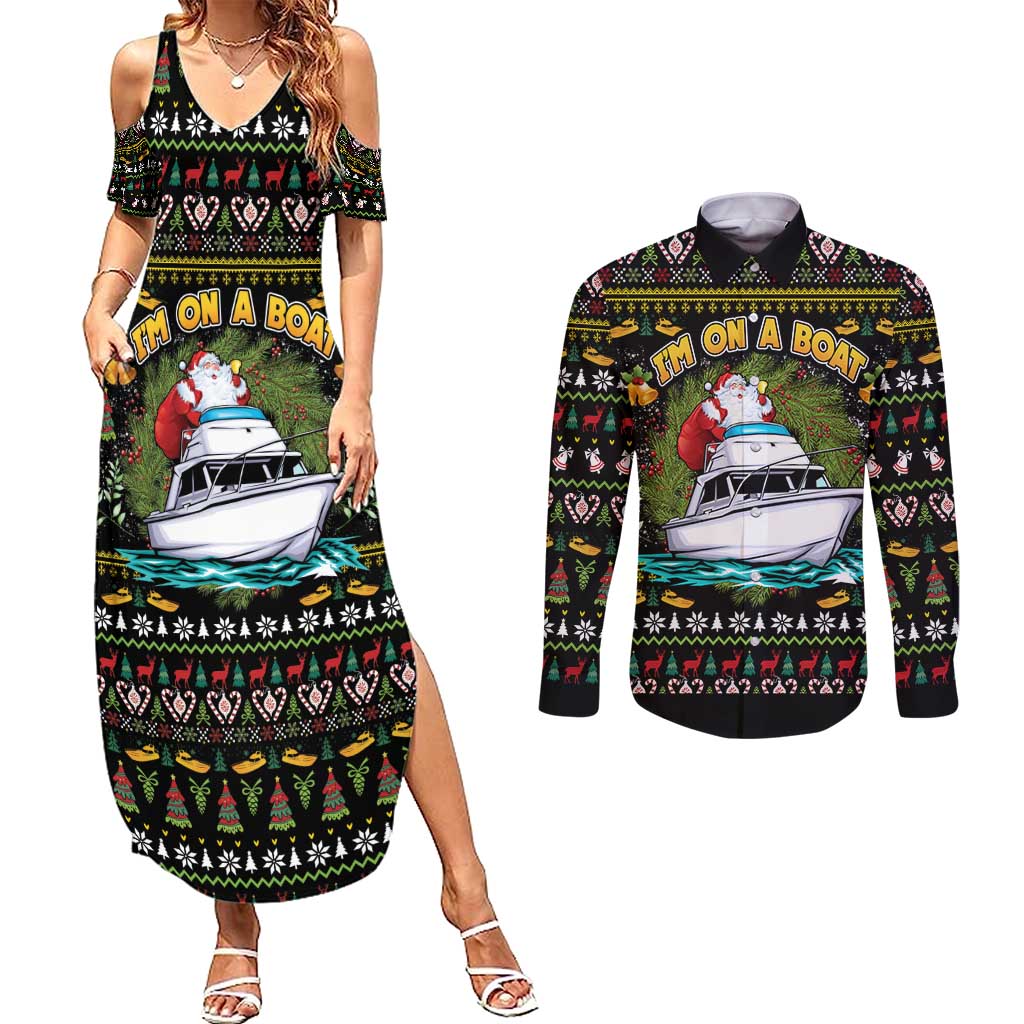 Santa On A Boat Couples Matching Summer Maxi Dress and Long Sleeve Button Shirt Christmas Gifts DT04 - Wonder Print Shop