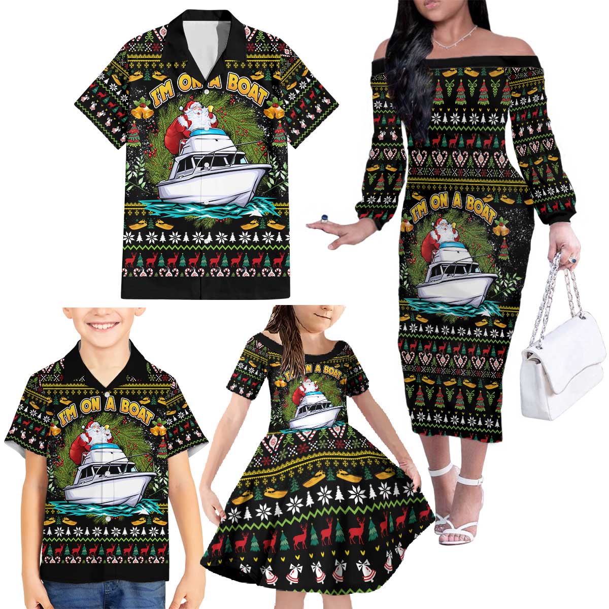 Santa On A Boat Family Matching Off The Shoulder Long Sleeve Dress and Hawaiian Shirt Christmas Gifts DT04 - Wonder Print Shop
