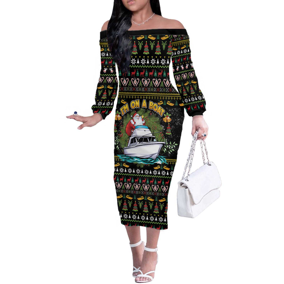 Santa On A Boat Off The Shoulder Long Sleeve Dress Christmas Gifts DT04 - Wonder Print Shop