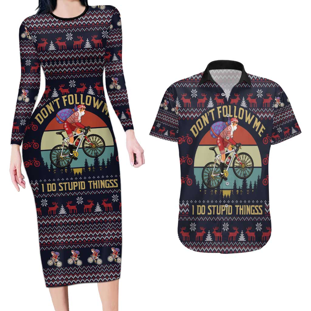 Santa Claus On Mountain Bike Couples Matching Long Sleeve Bodycon Dress and Hawaiian Shirt Christmas Gifts DT04 - Wonder Print Shop