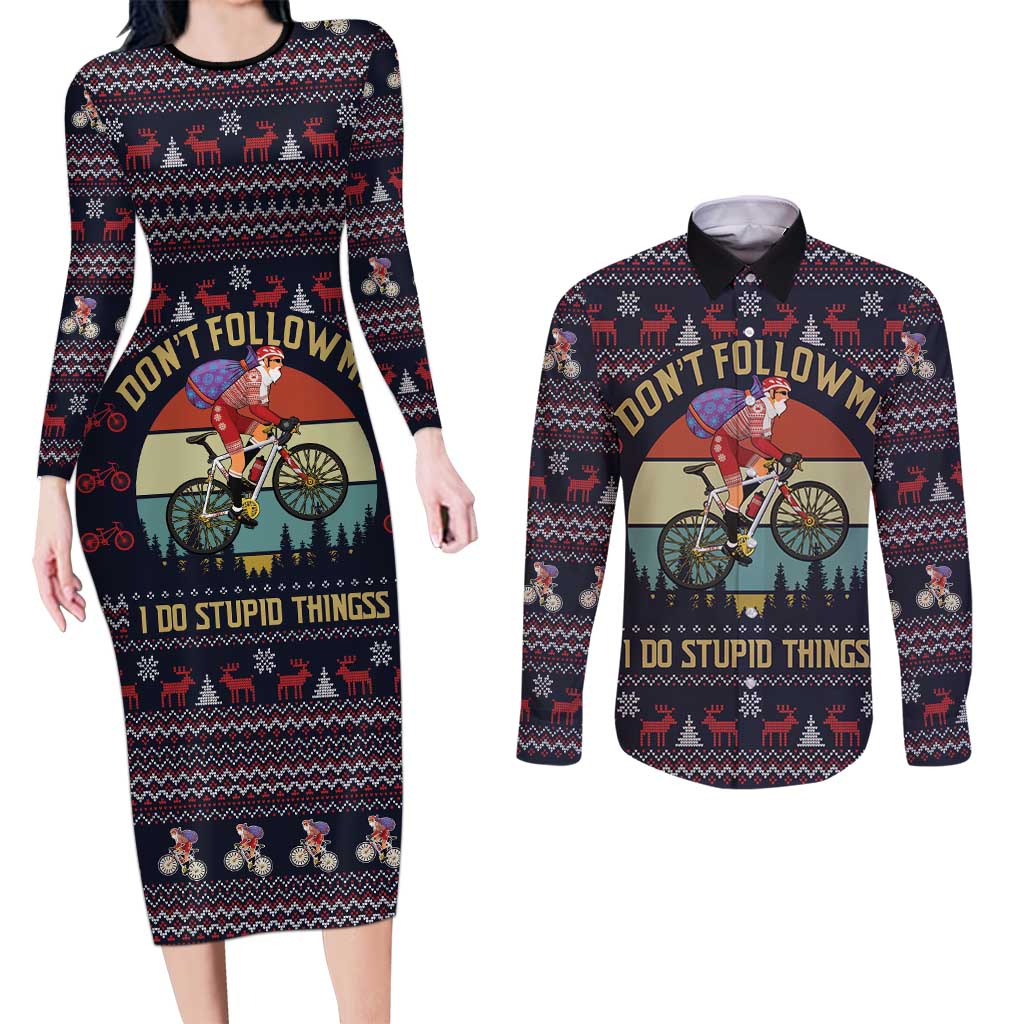 Santa Claus On Mountain Bike Couples Matching Long Sleeve Bodycon Dress and Long Sleeve Button Shirt Christmas Gifts DT04 - Wonder Print Shop