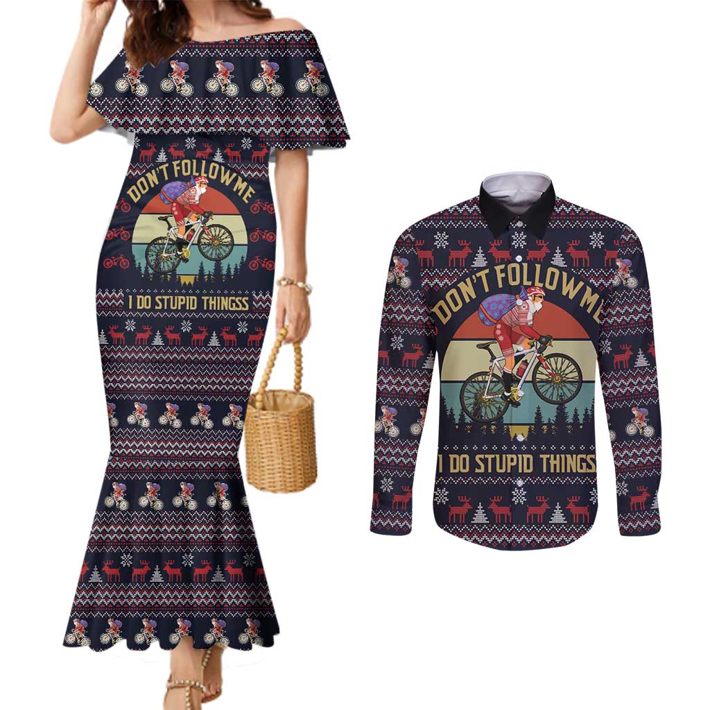 Santa Claus On Mountain Bike Couples Matching Mermaid Dress and Long Sleeve Button Shirt Christmas Gifts