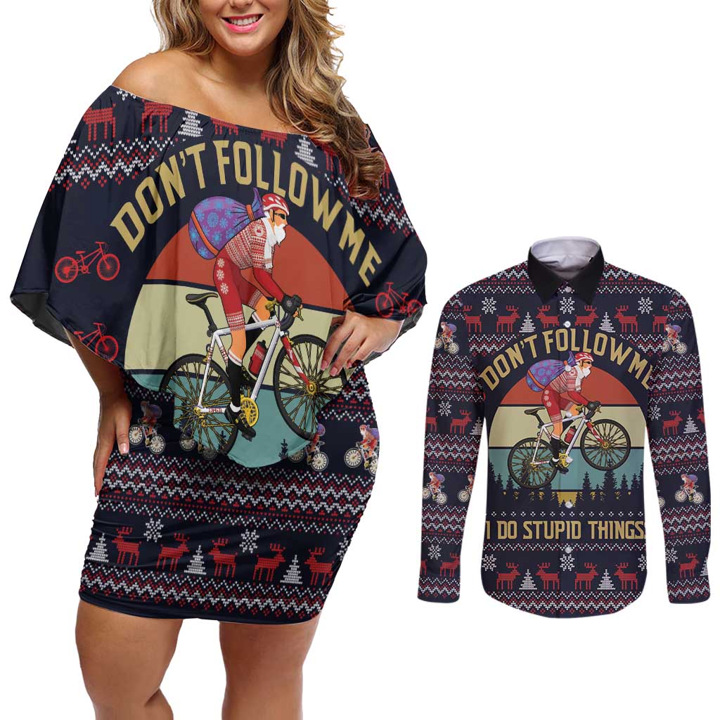 Santa Claus On Mountain Bike Couples Matching Off Shoulder Short Dress and Long Sleeve Button Shirt Christmas Gifts DT04 - Wonder Print Shop