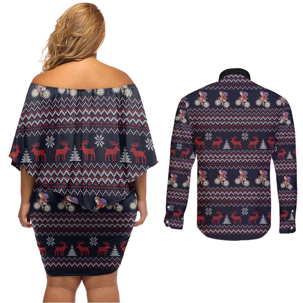 Santa Claus On Mountain Bike Couples Matching Off Shoulder Short Dress and Long Sleeve Button Shirt Christmas Gifts DT04 - Wonder Print Shop
