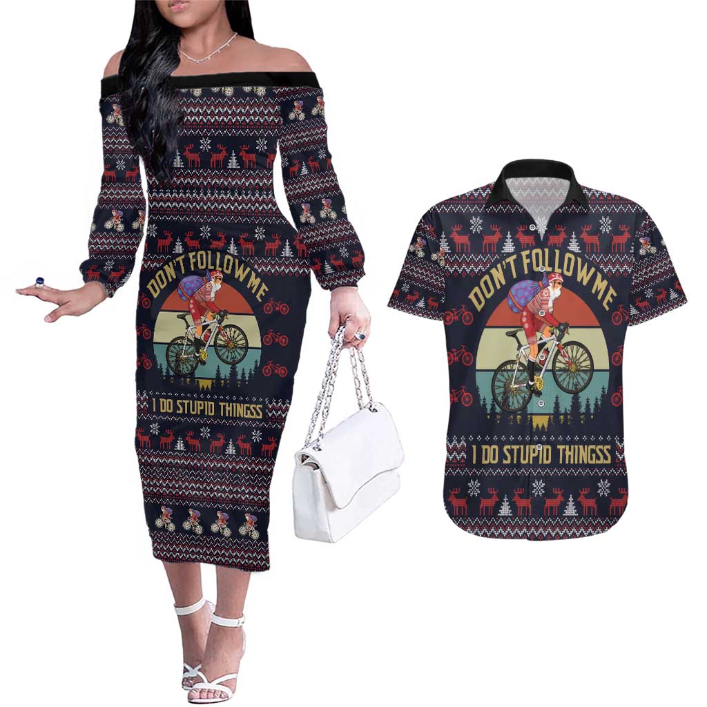 Santa Claus On Mountain Bike Couples Matching Off The Shoulder Long Sleeve Dress and Hawaiian Shirt Christmas Gifts DT04 - Wonder Print Shop