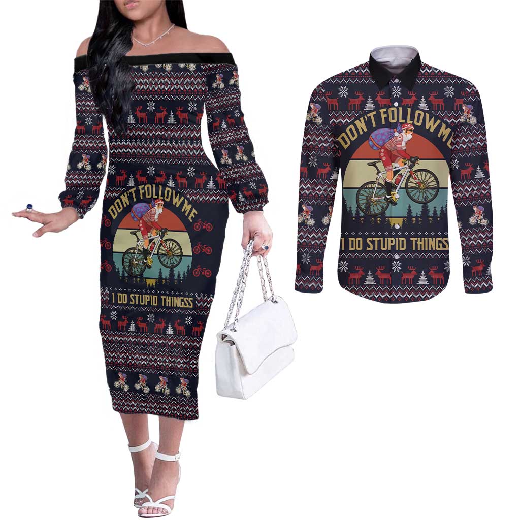 Santa Claus On Mountain Bike Couples Matching Off The Shoulder Long Sleeve Dress and Long Sleeve Button Shirt Christmas Gifts